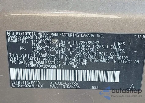 2011 Toyota Rav4 from USA, damaged, VIN 2T3BF4DV2BW098743